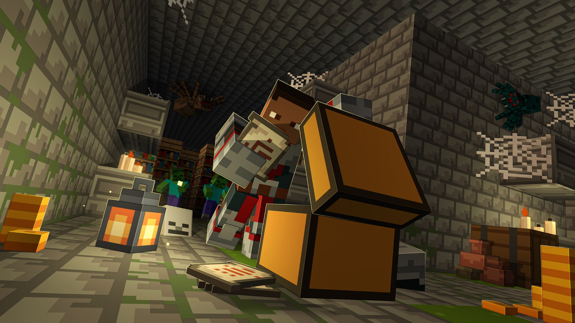 Minecraft dungeon scene with chests, lanterns and mobs